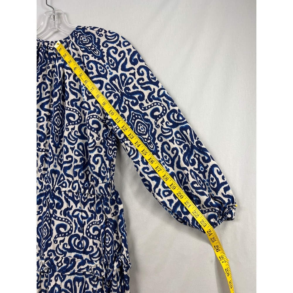 Zara Mini Dress Womens Medium Blue White Ikat Damask Ruffle Balloon Sleeve Boho - Picture 7 of 11